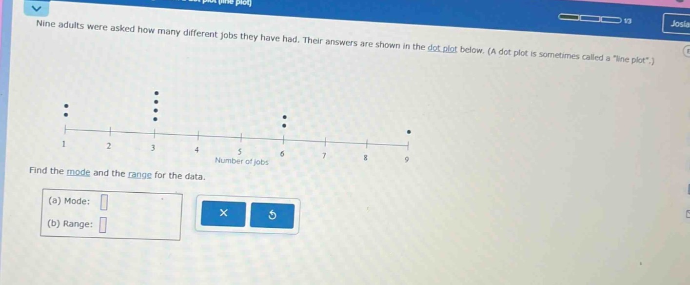 nine adults were asked how many different jobs they have had. their answers are shown in the dot plot below. (a dot plot is sometimes called a \line plot\.) find the mode and the range for the data. (a) mode: (b) range:
