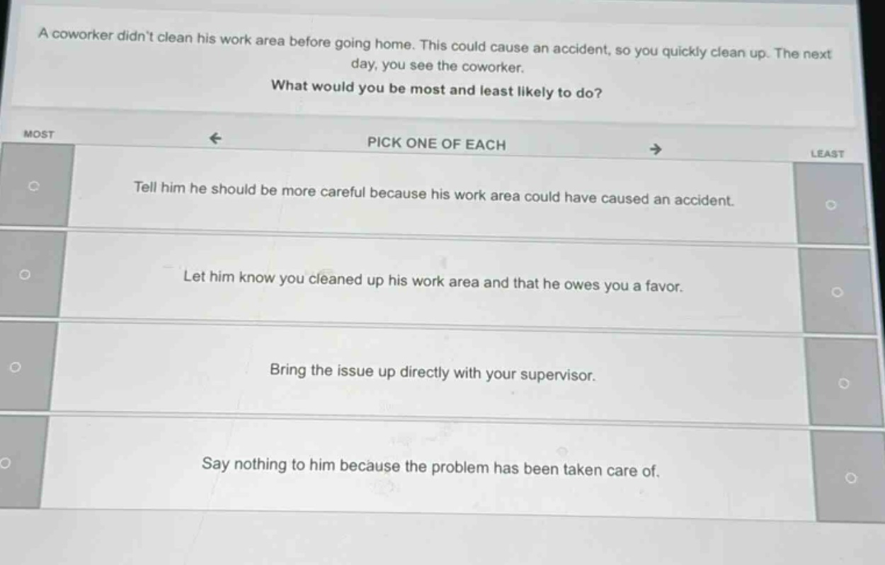 a coworker didnt clean his work area before going home. this could cause an accident, so you quickly clean up. the next day, you see the coworker. what would you be most and least likely to do? most ← pick one of each → least tell him he should be more careful because his work area could have caused an accident. let him know you cleaned up his work area and that he owes you a favor. bring the issue up directly with your supervisor. say nothing to him because the problem has been taken care of.