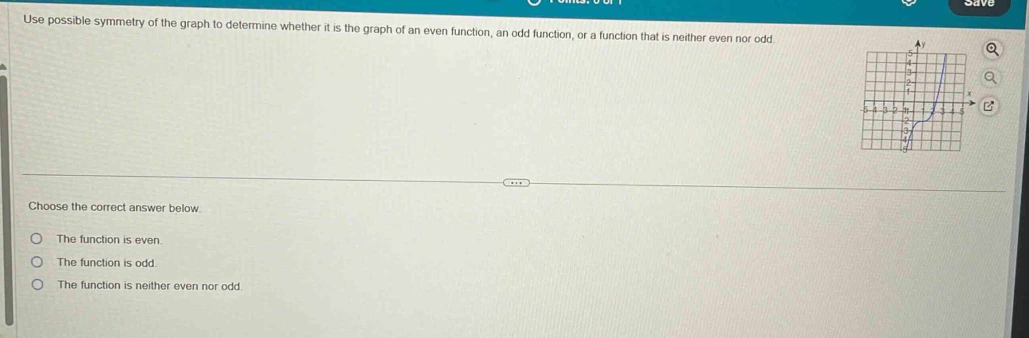 use possible symmetry of the graph to determine whether it is the graph of an even function, an odd function, or a function that is neither even nor odd. choose the correct answer below. the function is even. the function is odd. the function is neither even nor odd.