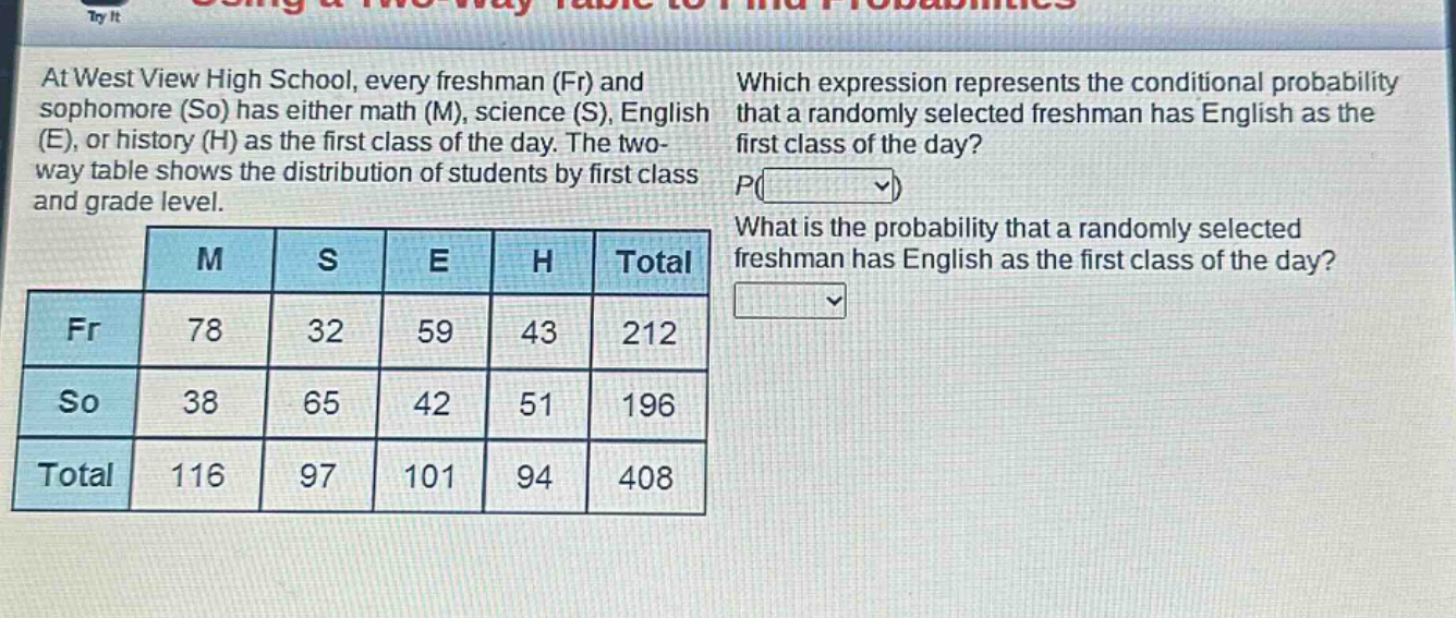at west view high school, every freshman (fr) and sophomore (so) has either math (m), science (s), english (e), or history (h) as the first class of the day. the two - way table shows the distribution of students by first class and grade level.\nwhich expression represents the conditional probability that a randomly selected freshman has english as the first class of the day?\nwhat is the probability that a randomly selected freshman has english as the first class of the day?\n| | m | s | e | h | total |\n|----|----|----|----|----|----|\n| fr | 78 | 32 | 59 | 43 | 212 |\n| so | 38 | 65 | 42 | 51 | 196 |\n| total | 116 | 97 | 101 | 94 | 408 |