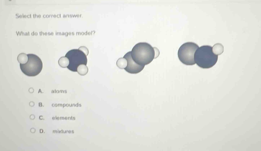 select the correct answer. what do these images model? a. atoms b. compounds c. elements d. mixtures
