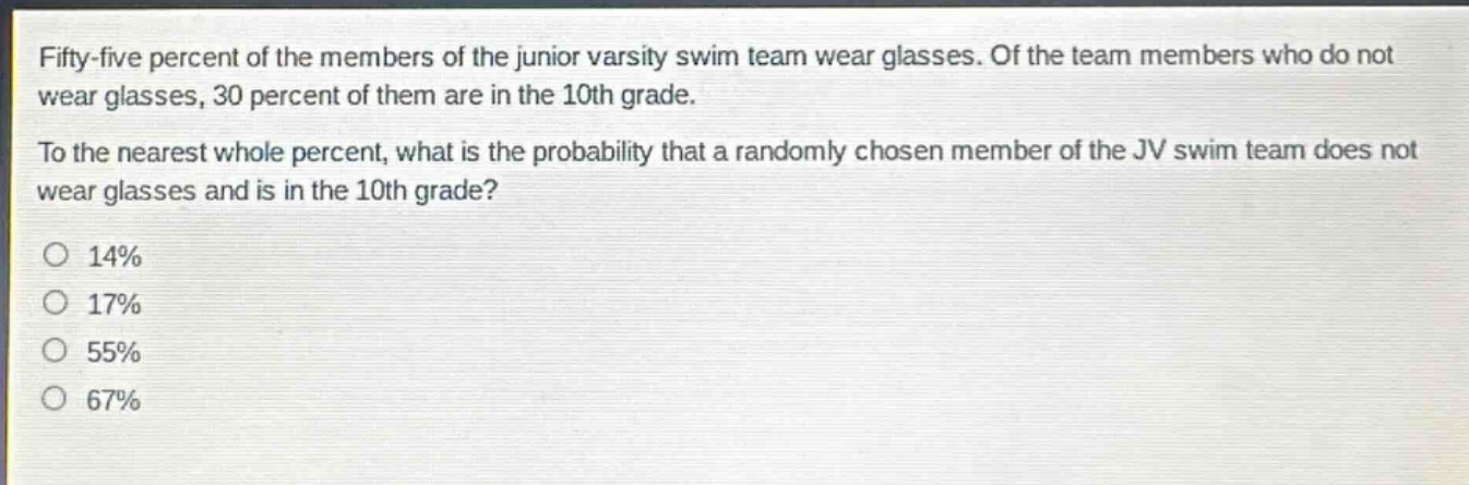 fifty - five percent of the members of the junior varsity swim team wear glasses. of the team members who do not wear glasses, 30 percent of them are in the 10th grade. to the nearest whole percent, what is the probability that a randomly chosen member of the jv swim team does not wear glasses and is in the 10th grade?\no 14%\no 17%\no 55%\no 67%