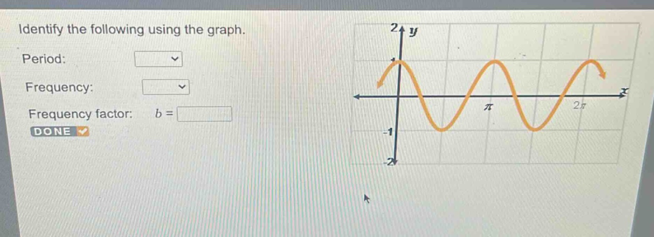 identify the following using the graph. period: frequency: frequency factor: $b = $ done