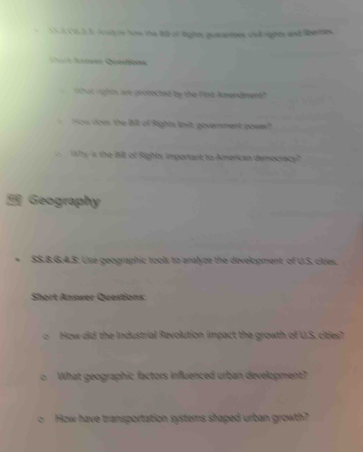 short answer questions\n- what rights are protected by the first amendment?\n- how does the bill of rights limit government power?\n- why is the bill of rights important to american democracy?\n\ngeography\n- ss8g4.a use geographic tools to analyze the development of us cities\nshort answer questions\n- how did the industrial revolution impact the growth of us cities?\n- what geographic factors influenced urban development?\n- how have transportation systems shaped urban growth?