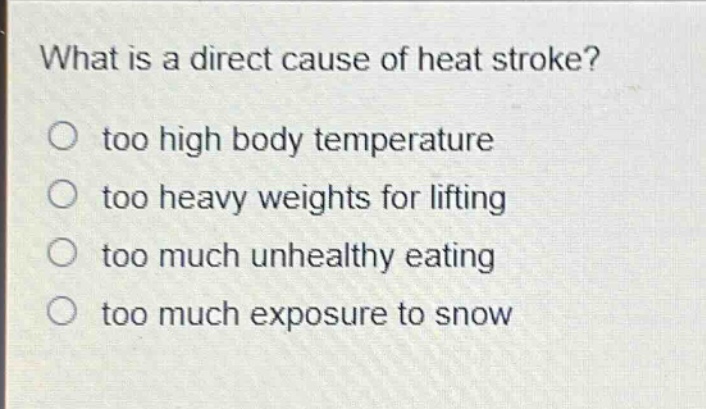 what is a direct cause of heat stroke?\no too high body temperature\no too heavy weights for lifting\no too much unhealthy eating\no too much exposure to snow