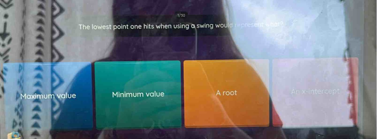 the lowest point one hits when using a swing would represent what?\nmaximum value\nminimum value\na root\nan x - intercept