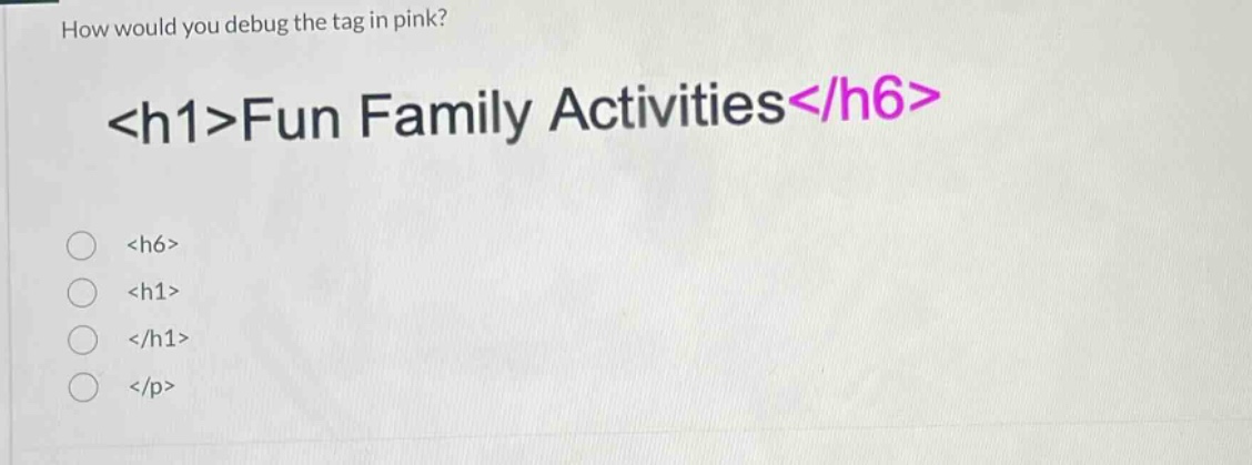 how would you debug the tag in pink? <h1>fun family activities</h6> <h6> <h1> </h1> </p>