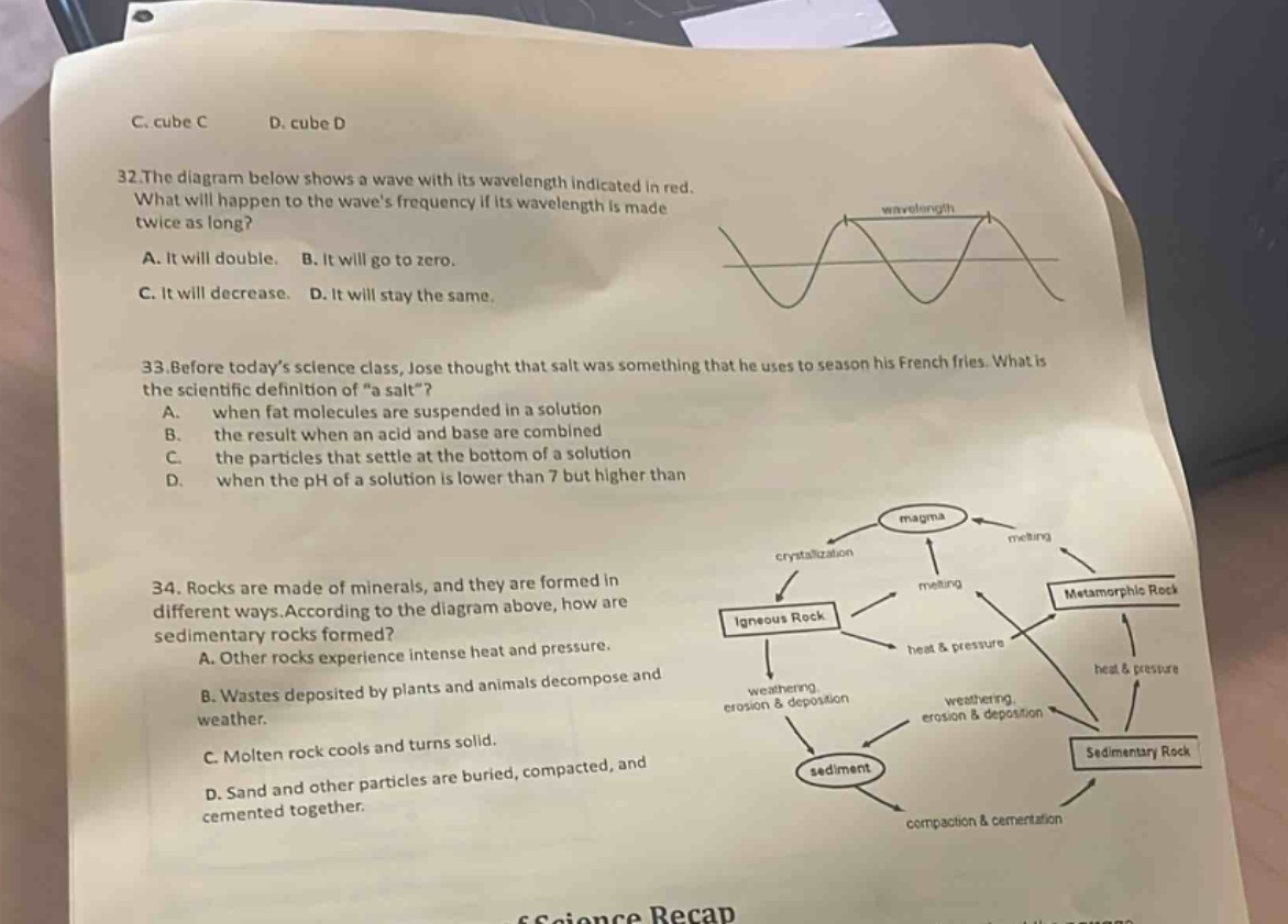 c. cube c d. cube d\n32.the diagram below shows a wave with its wavelength indicated in red. what will happen to the waves frequency if its wavelength is made twice as long?\na. it will double. b. it will go to zero.\nc. it will decrease. d. it will stay the same.\n33.before todays science class, jose thought that salt was something that he uses to season his french fries. what is the scientific definition of \a salt\?\na. when fat molecules are suspended in a solution\nb. the result when an acid and base are combined\nc. the particles that settle at the bottom of a solution\nd. when the ph of a solution is lower than 7 but higher than\n34. rocks are made of minerals, and they are formed in different ways.according to the diagram above, how are sedimentary rocks formed?\na. other rocks experience intense heat and pressure.\nb. wastes deposited by plants and animals decompose and weather.\nc. molten rock cools and turns solid.\nd. sand and other particles are buried, compacted, and cemented together.