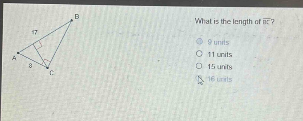 what is the length of $overline{bc}$?\n9 units\n11 units\n15 units\n16 units
