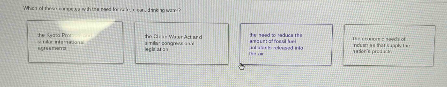 which of these competes with the need for safe, clean, drinking water? the kyoto protocol and similar international agreements the clean water act and similar congressional legislation the need to reduce the amount of fossil fuel pollutants released into the air the economic needs of industries that supply the nations products