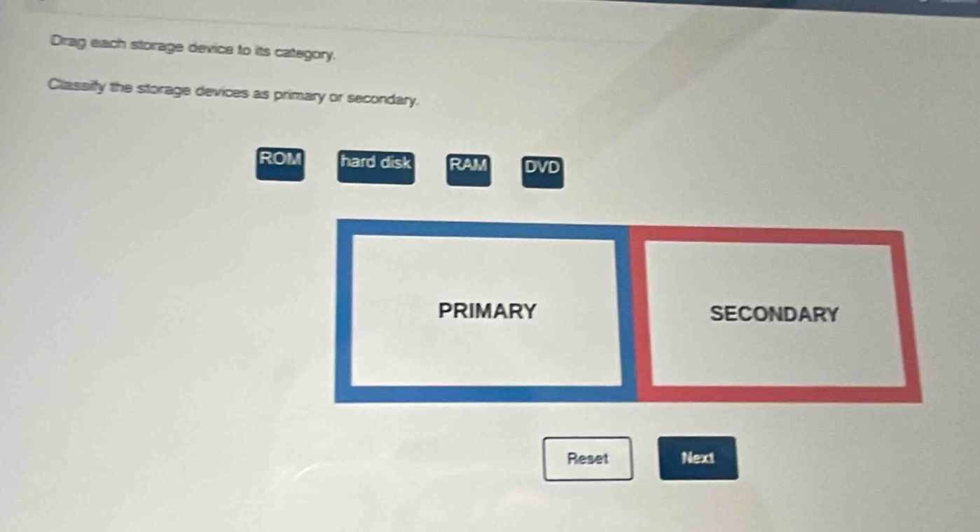 drag each storage device to its category. classify the storage devices as primary or secondary. rom hard disk ram dvd primary secondary reset next