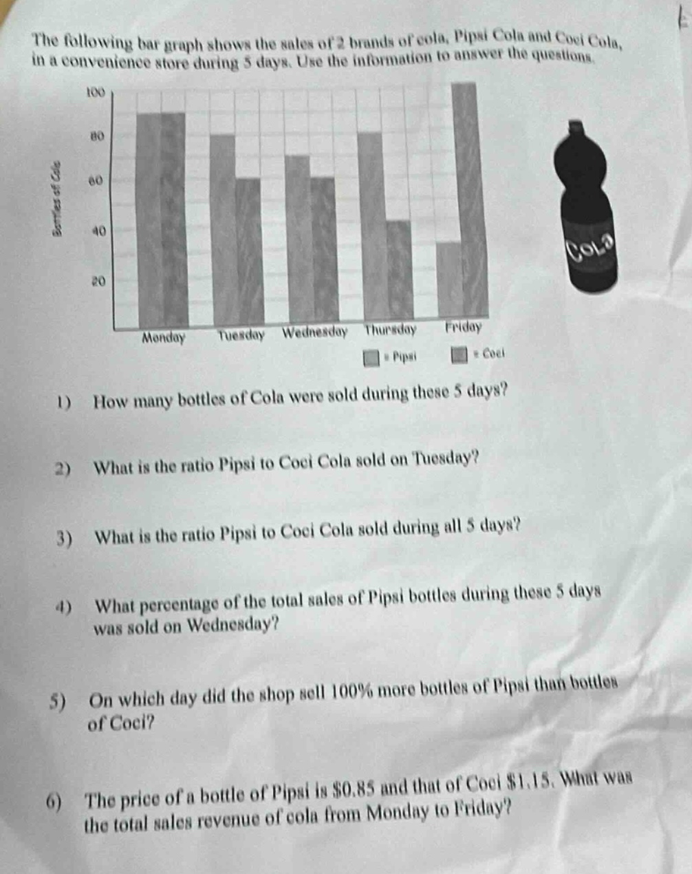 the following bar graph shows the sales of 2 brands of cola, pipsi cola and coei cola, in a convenience store during 5 days. use the information to answer the questions.\n1) how many bottles of cola were sold during these 5 days?\n2) what is the ratio pipsi to coei cola sold on tuesday?\n3) what is the ratio pipsi to coei cola sold during all 5 days?\n4) what percentage of the total sales of pipsi bottles during these 5 days was sold on wednesday?\n5) on which day did the shop sell 100% more bottles of pipsi than bottles of coei?\n6) the price of a bottle of pipsi is $0.85 and that of coei $1.15. what was the total sales revenue of cola from monday to friday?