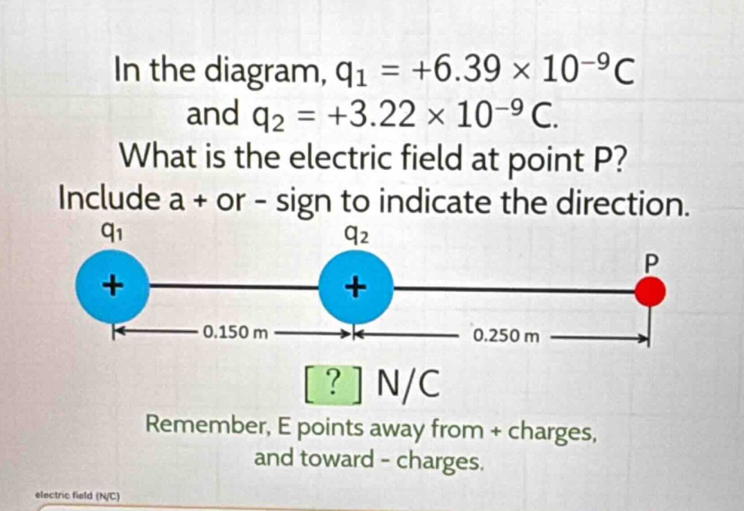 in the diagram, q1 = +6.39 × 10^(-9)c and q2 = +3.22 × 10^(-9)c. what is the electric field at point p? include a + or - sign to indicate the direction. remember, e points away from + charges, and toward - charges.