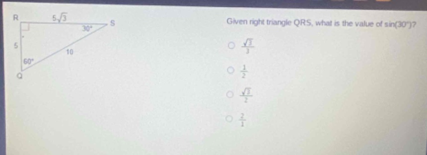 given right triangle qrs, what is the value of sin(30°)?