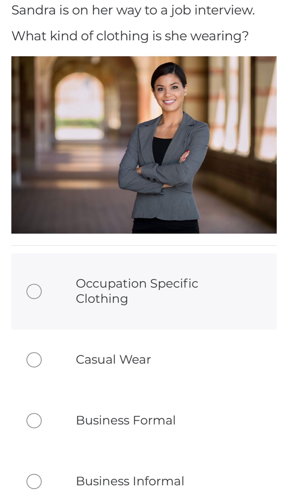 sandra is on her way to a job interview. what kind of clothing is she wearing? occupation specific clothing casual wear business formal business informal