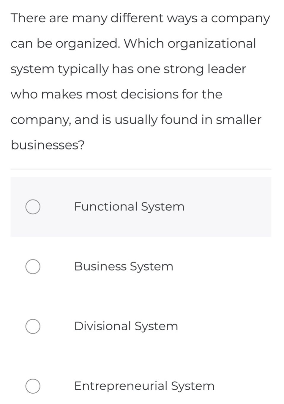 there are many different ways a company can be organized. which organizational system typically has one strong leader who makes most decisions for the company, and is usually found in smaller businesses?\nfunctional system\nbusiness system\ndivisional system\nentrepreneurial system
