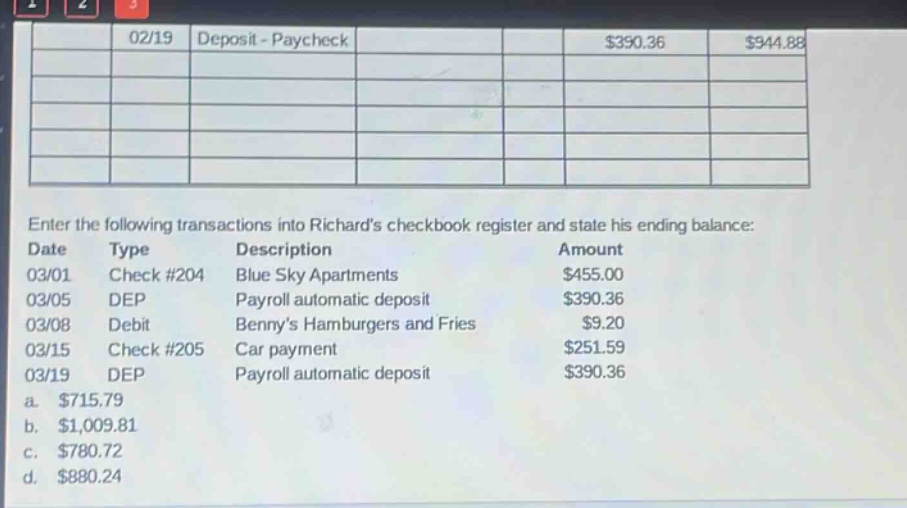 enter the following transactions into richards checkbook register and state his ending balance: date type description amount 03/01 check #204 blue sky apartments $455.00 03/05 dep payroll automatic deposit $390.36 03/08 debit bennys hamburgers and fries $9.20 03/15 check #205 car payment $251.59 03/19 dep payroll automatic deposit $390.36 a. $715.79 b. $1,009.81 c. $780.72 d. $880.24