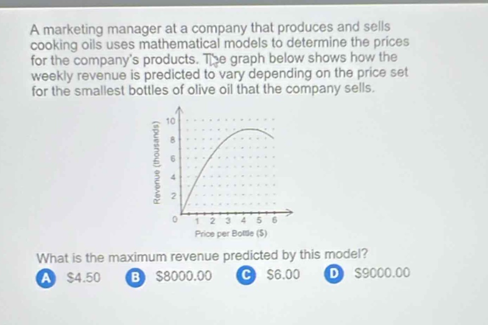 a marketing manager at a company that produces and sells cooking oils uses mathematical models to determine the prices for the company’s products. the graph below shows how the weekly revenue is predicted to vary depending on the price set for the smallest bottles of olive oil that the company sells. what is the maximum revenue predicted by this model? a $4.50 b $8000.00 c $6.00 d $9000.00
