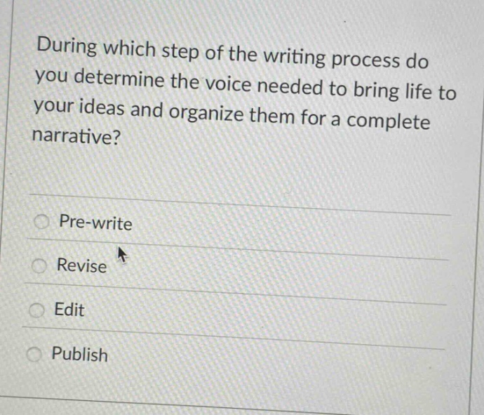 during which step of the writing process do you determine the voice needed to bring life to your ideas and organize them for a complete narrative?\npre - write\nrevise\nedit\npublish