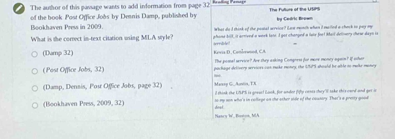 the author of this passage wants to add information from page 32 of the book post office jobs by dennis damp, published by bookhaven press in 2009. what is the correct in - text citation using mla style? (damp 32) (post office jobs, 32) (damp, dennis, post office jobs, page 32) (bookhaven press, 2009, 32)