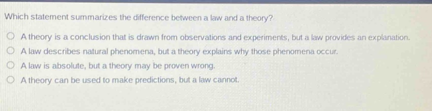 which statement summarizes the difference between a law and a theory?\na theory is a conclusion that is drawn from observations and experiments, but a law provides an explanation.\na law describes natural phenomena, but a theory explains why those phenomena occur.\na law is absolute, but a theory may be proven wrong.\na theory can be used to make predictions, but a law cannot.