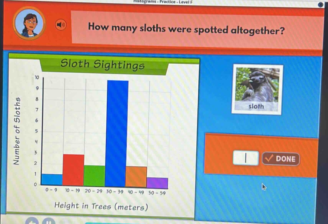 how many sloths were spotted altogether? sloth sightings number of sloths height in trees (meters)
