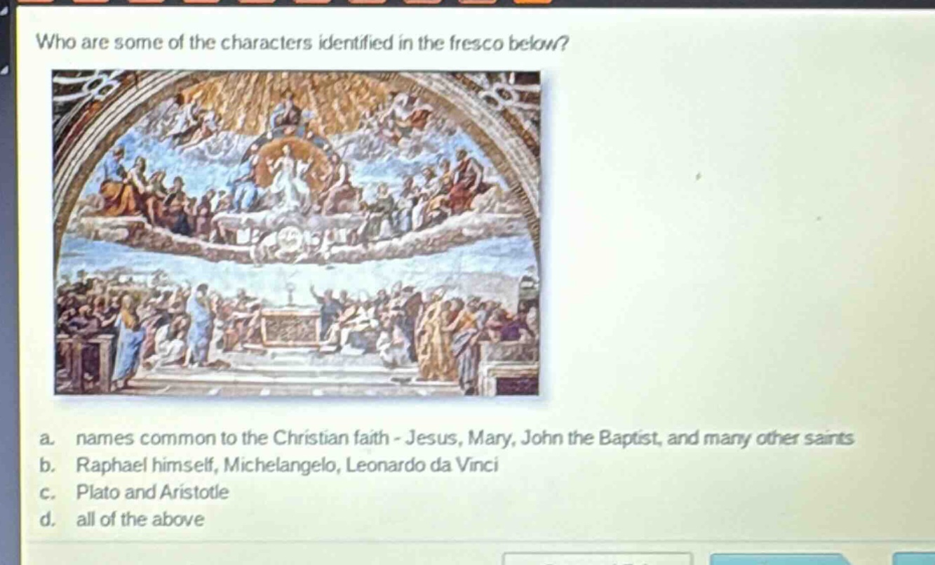 who are some of the characters identified in the fresco below?\na. names common to the christian faith - jesus, mary, john the baptist, and many other saints\nb. raphael himself, michelangelo, leonardo da vinci\nc. plato and aristotle\nd. all of the above