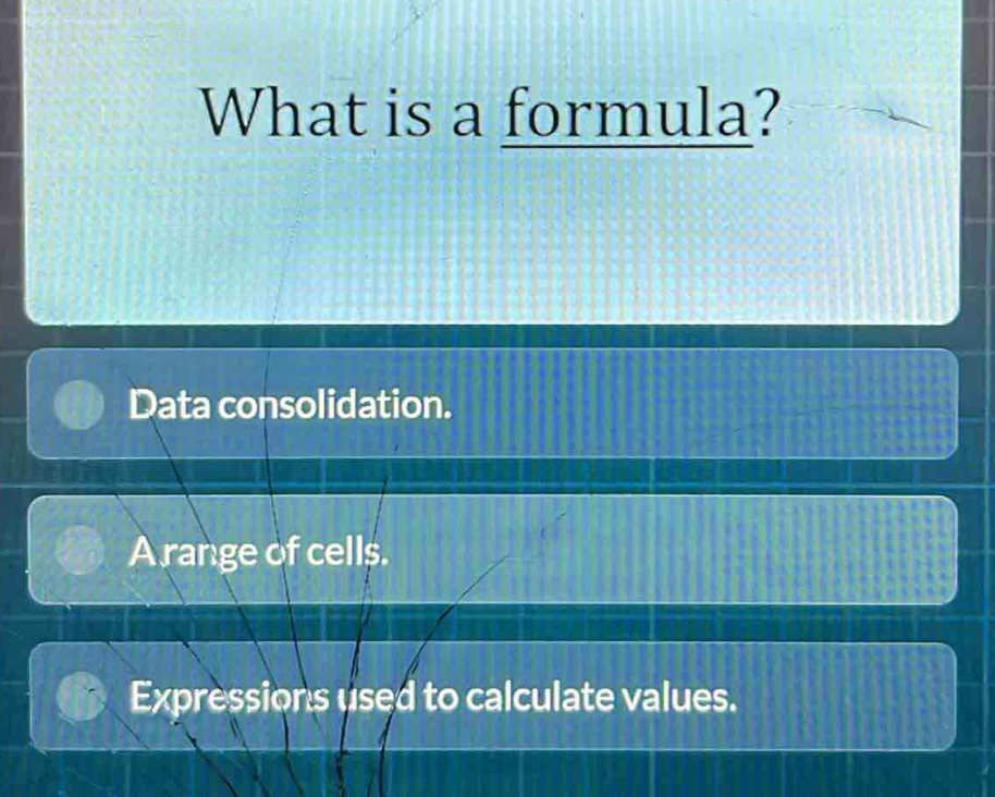 what is a formula?\ndata consolidation.\na range of cells.\nexpressions used to calculate values.