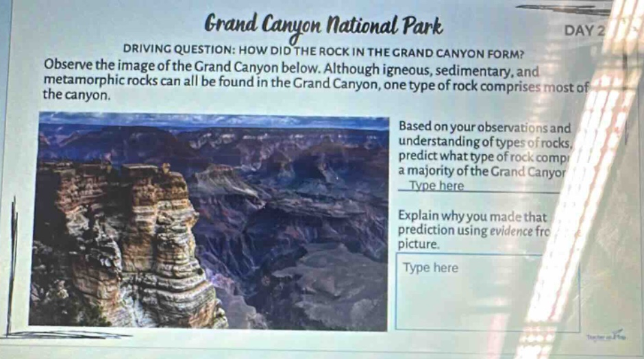grand canyon national park driving question: how did the rock in the grand canyon form? observe the image of the grand canyon below. although igneous, sedimentary, and metamorphic rocks can all be found in the grand canyon, one type of rock comprises most of the canyon. based on your observations and understanding of types of rocks, predict what type of rock comprises a majority of the grand canyon. type here explain why you made that prediction using evidence from the picture. type here
