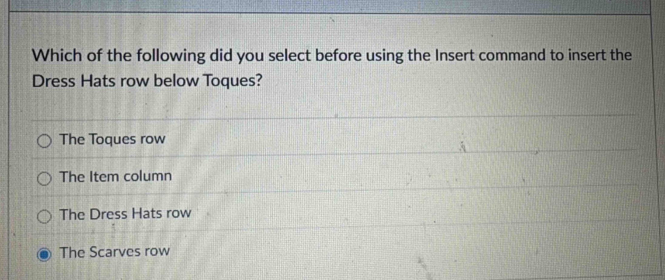 which of the following did you select before using the insert command to insert the dress hats row below toques?\nthe toques row\nthe item column\nthe dress hats row\nthe scarves row