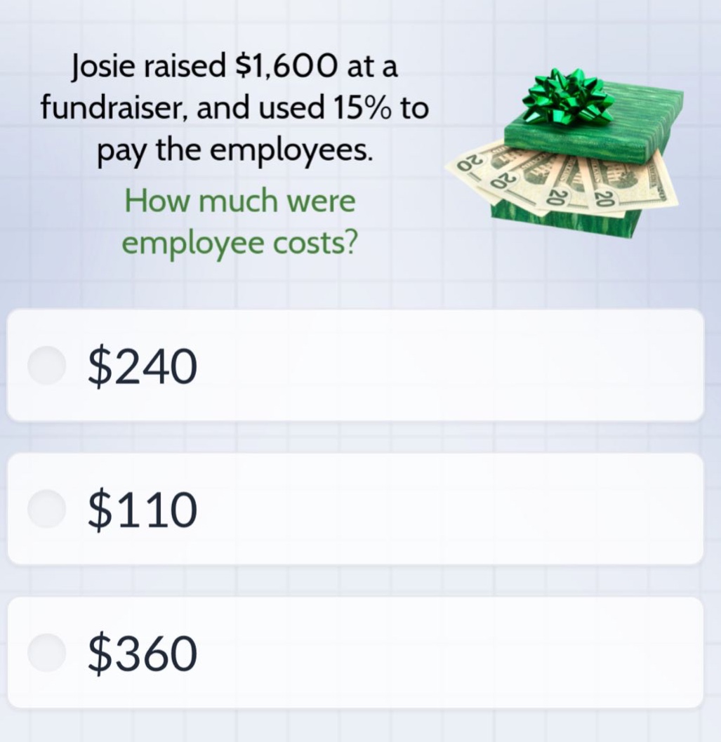 josie raised $1,600 at a fundraiser, and used 15% to pay the employees. how much were employee costs? $240 $110 $360