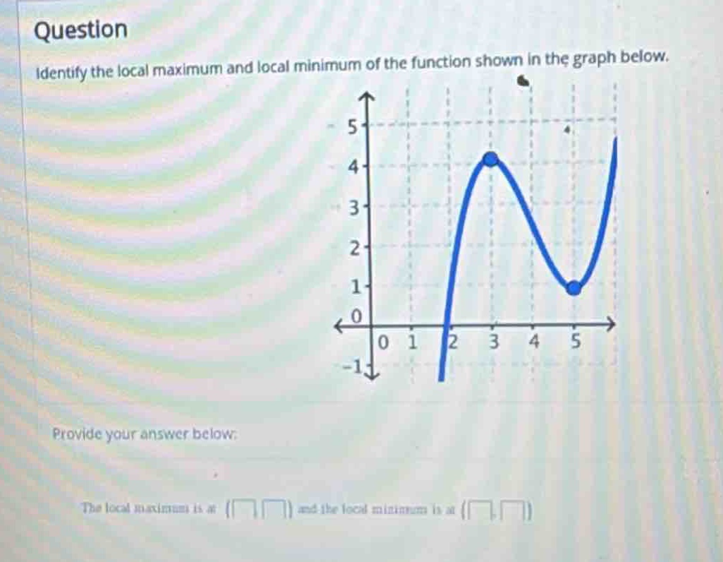 question identify the local maximum and local minimum of the function shown in the graph below. provide your answer below: the local maximum is at ( ) and the local minimum is at ( )