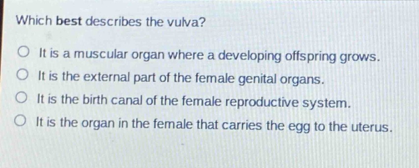 which best describes the vulva?\no it is a muscular organ where a developing offspring grows.\no it is the external part of the female genital organs.\no it is the birth canal of the female reproductive system.\no it is the organ in the female that carries the egg to the uterus.