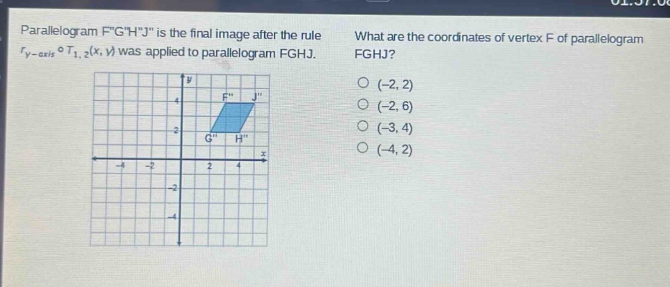 parallelogram fghj is the final image after the rule $r_{y - axis}circ t_{1,2}(x,y)$ was applied to parallelogram fghj. what are the coordinates of vertex f of parallelogram fghj? (-2, 2) (-2, 6) (-3, 4) (-4, 2)