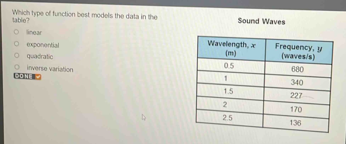 which type of function best models the data in the table?\nlinear\nexponential\nquadratic\ninverse variation\ndone\nsound waves\nwavelength, x (m)\tfrequency, y (waves/s)\n0.5\t680\n1\t340\n1.5\t227\n2\t170\n2.5\t136