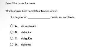select the correct answer. which phrase best completes this sentence? la angulación ____________ puede ser cambiada. a. de la cámara b. del actor c. del guión d. del tema