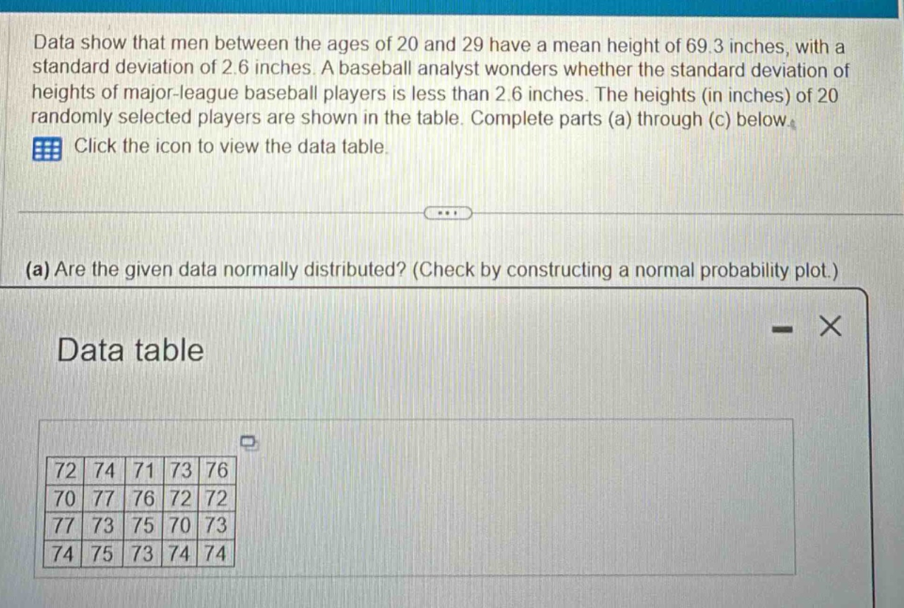 data show that men between the ages of 20 and 29 have a mean height of 69.3 inches, with a standard deviation of 2.6 inches. a baseball analyst wonders whether the standard deviation of heights of major - league baseball players is less than 2.6 inches. the heights (in inches) of 20 randomly selected players are shown in the table. complete parts (a) through (c) below.\nclick the icon to view the data table.\n(a) are the given data normally distributed? (check by constructing a normal probability plot.)\ndata table\n72 74 71 73 76\n70 77 76 72 72\n77 73 75 70 73\n74 75 73 74 74