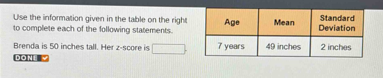 use the information given in the table on the right to complete each of the following statements. brenda is 50 inches tall. her z - score is .