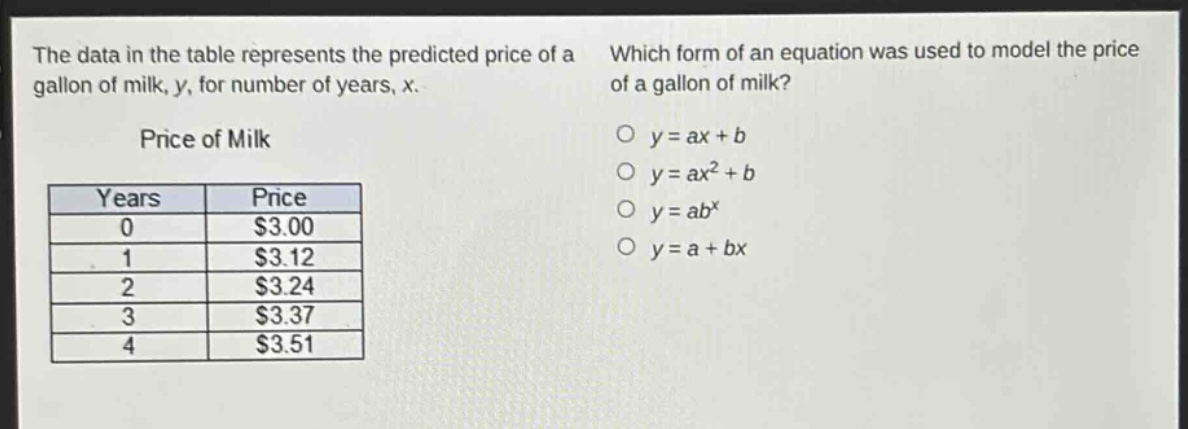 the data in the table represents the predicted price of a gallon of milk, y, for number of years, x. which form of an equation was used to model the price of a gallon of milk? price of milk\n| years | price |\n| ---- | ---- |\n| 0 | $3.00 |\n| 1 | $3.12 |\n| 2 | $3.24 |\n| 3 | $3.37 |\n| 4 | $3.51 |\no y = ax + b\no y = ax^2 + b\no y = ab^x\no y = a + bx