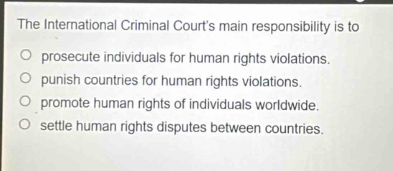 the international criminal courts main responsibility is to\nprosecute individuals for human rights violations.\npunish countries for human rights violations.\npromote human rights of individuals worldwide.\nsettle human rights disputes between countries.