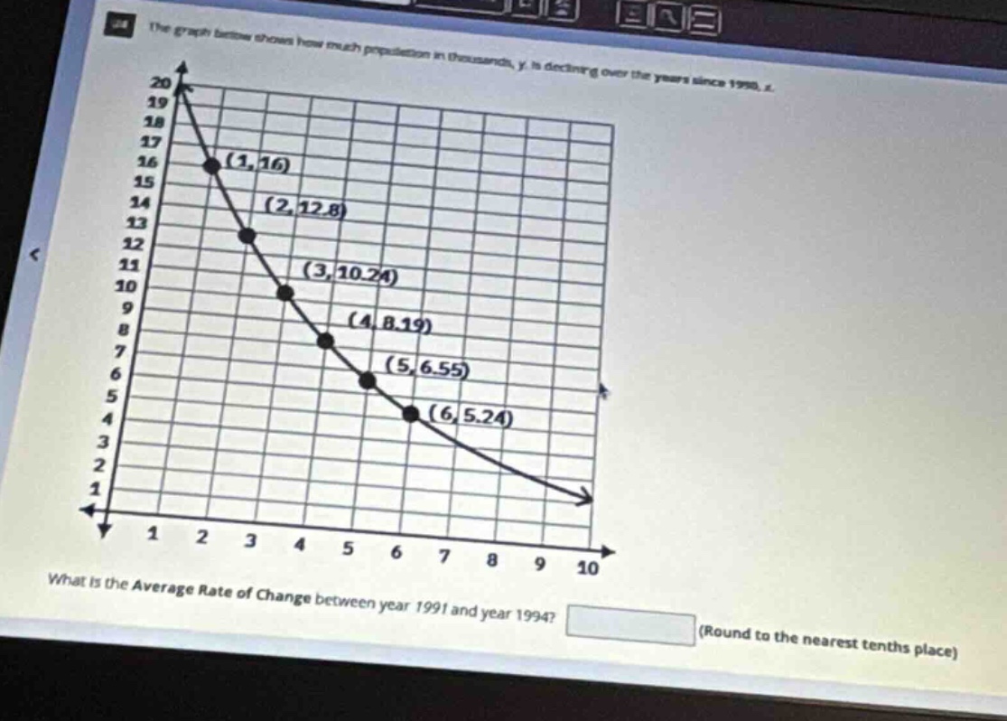 the graph below shows how much population in thousands, y, is declining over the years since 1990, x. what is the average rate of change between year 1991 and year 1994? (round to the nearest tenths place)