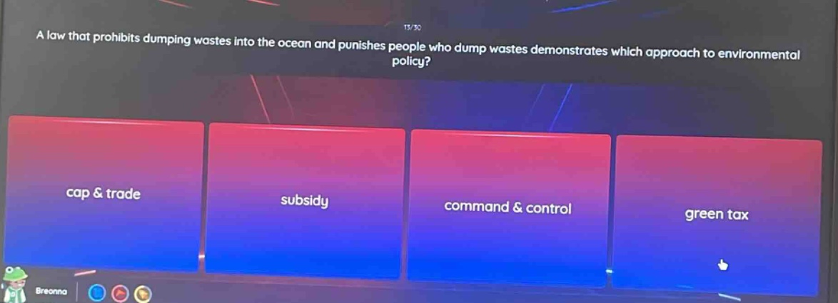 a law that prohibits dumping wastes into the ocean and punishes people who dump wastes demonstrates which approach to environmental policy? cap & trade subsidy command & control green tax