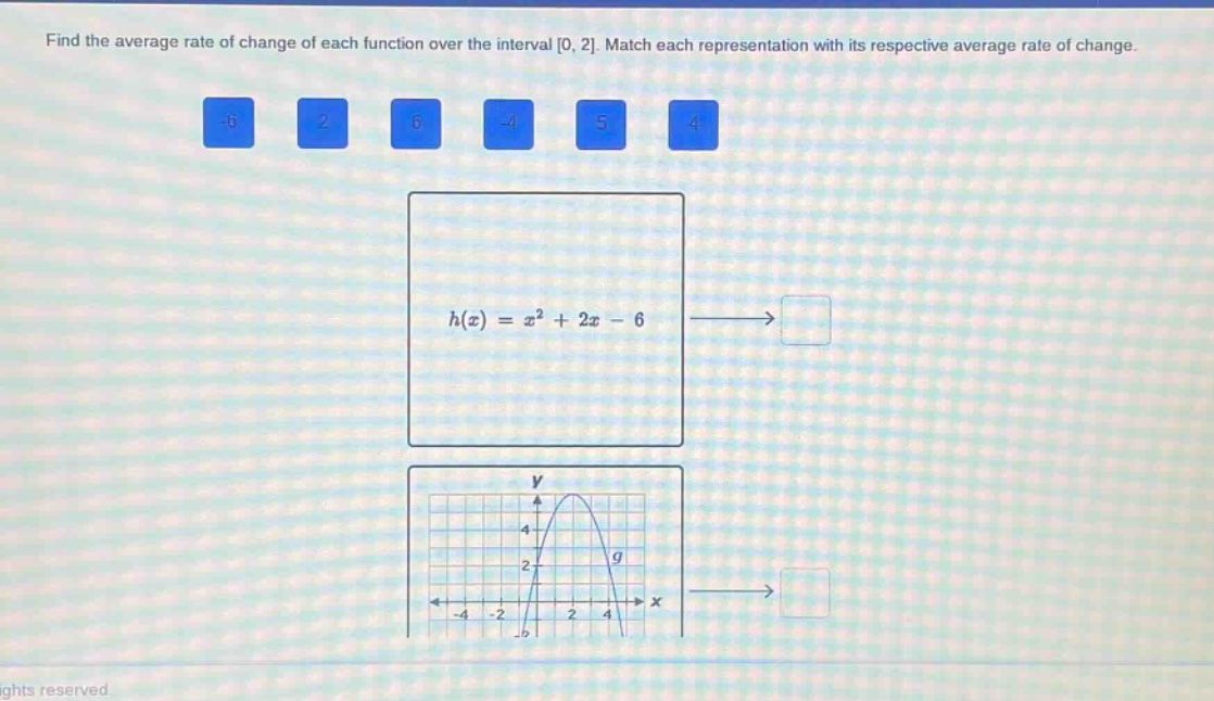 find the average rate of change of each function over the interval 0, 2. match each representation with its respective average rate of change.\nh(x)=x^{2}+2x - 6