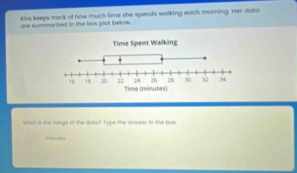 kira keeps track of how much time she spends walking each morning. her data are summarized in the box - plot below.\ntime spent walking\nwhat is the range of the data? type the answer in the box.\nminutes