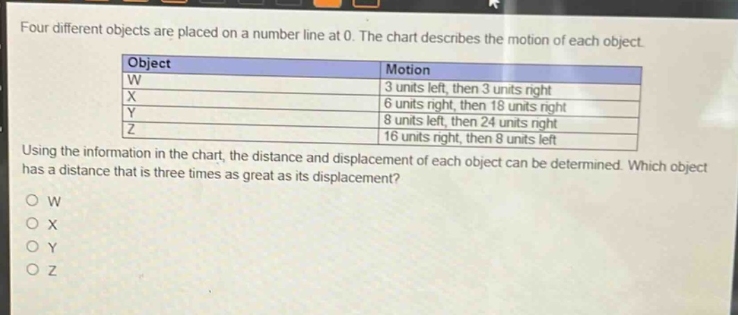 four different objects are placed on a number line at 0. the chart describes the motion of each object.\n|object|motion|\n|--|--|\n|w|3 units left, then 3 units right|\n|x|6 units right, then 18 units right|\n|y|8 units left, then 24 units right|\n|z|16 units right, then 8 units left|\nusing the information in the chart, the distance and displacement of each object can be determined. which object has a distance that is three times as great as its displacement?\no w\no x\no y\no z