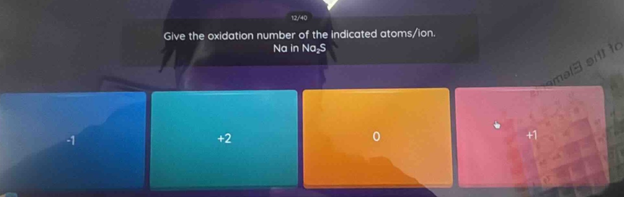 give the oxidation number of the indicated atoms/ion. na in na₂s