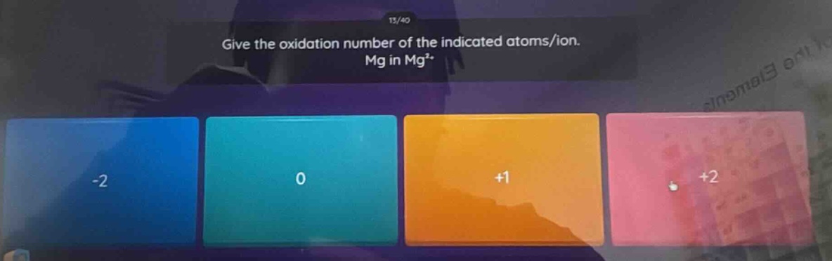 give the oxidation number of the indicated atoms/ion. mg in mg²⁺