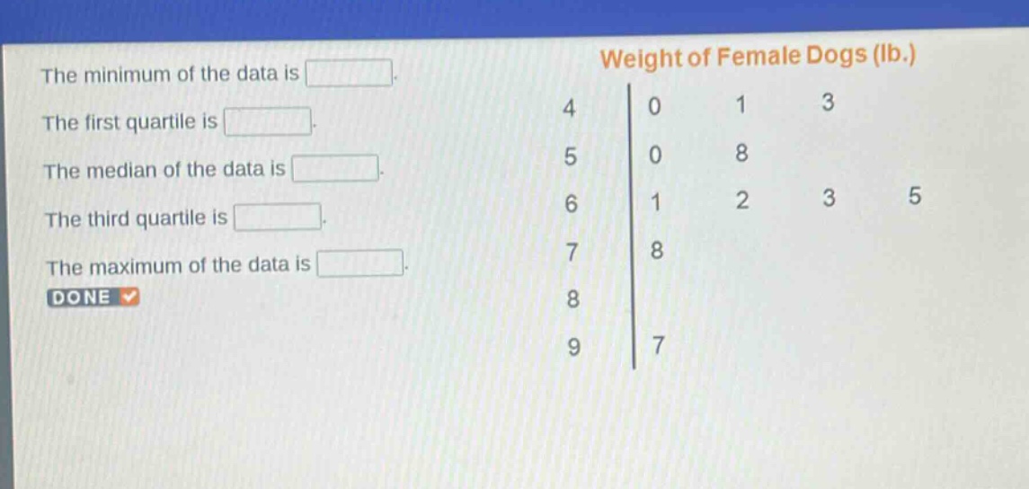 the minimum of the data is \nthe first quartile is \nthe median of the data is \nthe third quartile is \nthe maximum of the data is \ndone\nweight of female dogs (lb.)\n4 0 1 3\n5 0 8\n6 1 2 3 5\n7 8\n8\n9 7