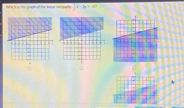 which is the graph of the linear inequality $\frac{1}{2}x - 2y> - 6$?