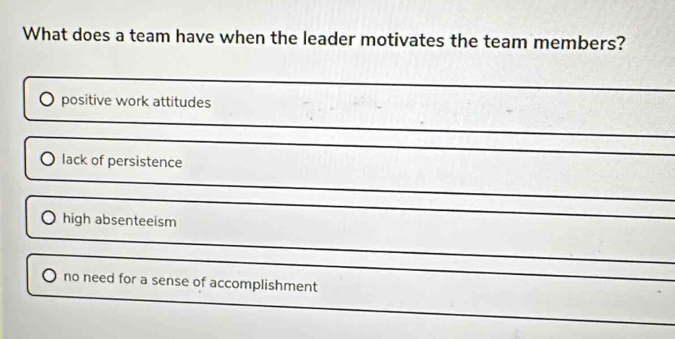 what does a team have when the leader motivates the team members?\npositive work attitudes\nlack of persistence\nhigh absenteeism\nno need for a sense of accomplishment